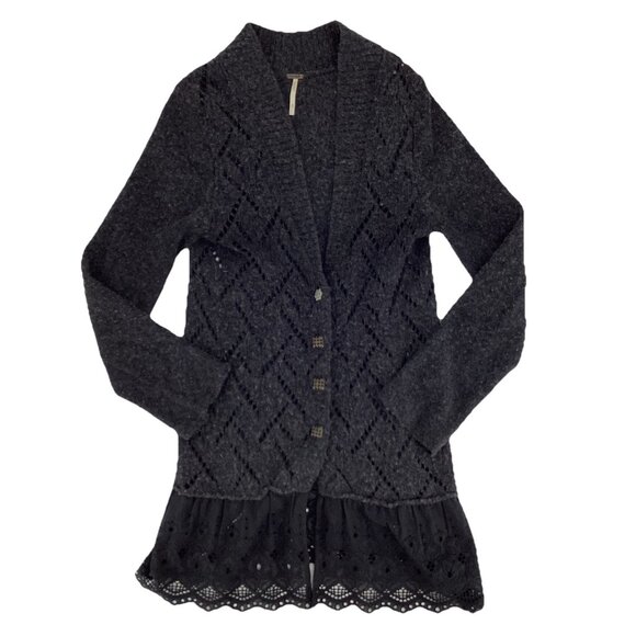Free People Women's Gray Pointelle Eyelet Trim Knit Cardigan Dark Academia Sz M - Picture 4 of 10